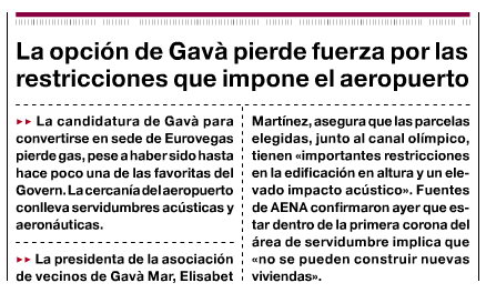 Notcia publicada en el diari 'El Peridico' informant que els terrenys a tocar de Gav Mar perdrien opcions per acollir l'Eurovegas per l'impacte de l'aeroport de Barcelona-El Prat tal i com l'AVV de Gav Mar va explicar pblicament (21 de Febrer de 2012)